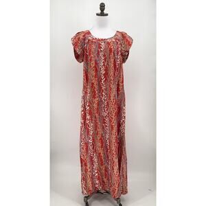 Vintage Kimo's Polynesian Shop Red Floral Cap Sleeve Long Hawaiian Dress